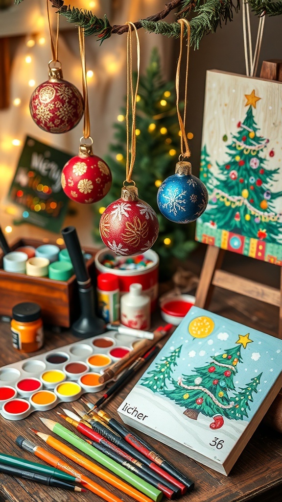 Colorful DIY painted Christmas decorations displayed on a table with paint supplies.